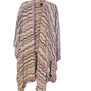 White House Black Market Fringe Cardigan Shawl Large Striped Boho Wrap Sweater